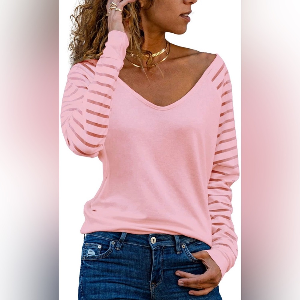 Pink V-Neck Striped Sleeve Top